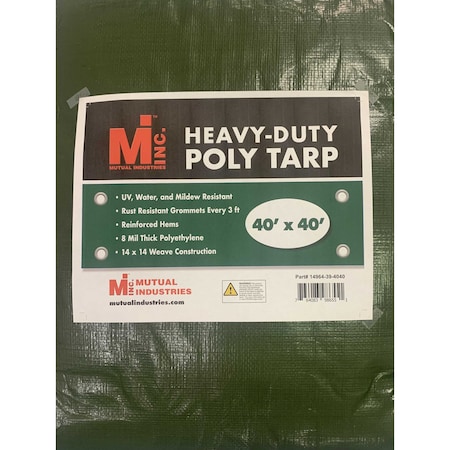 Mutual Industries Heavy Duty Tarp, 40 ft x 40 ft, 8 mil, Green, UV Resistant, Mildew Resistant 14964-39-4040